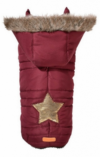Roter Hundemantel f�r Geschirrtr�ger warm gef�ttert + Kapuze STARS