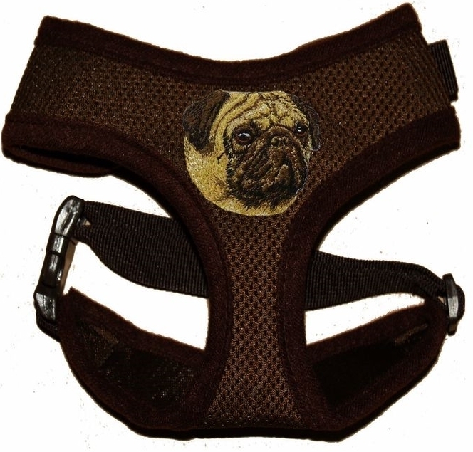 Mops Hundegeschirr Softgeschirr mit Mopskopf auf dem Geschirr braun